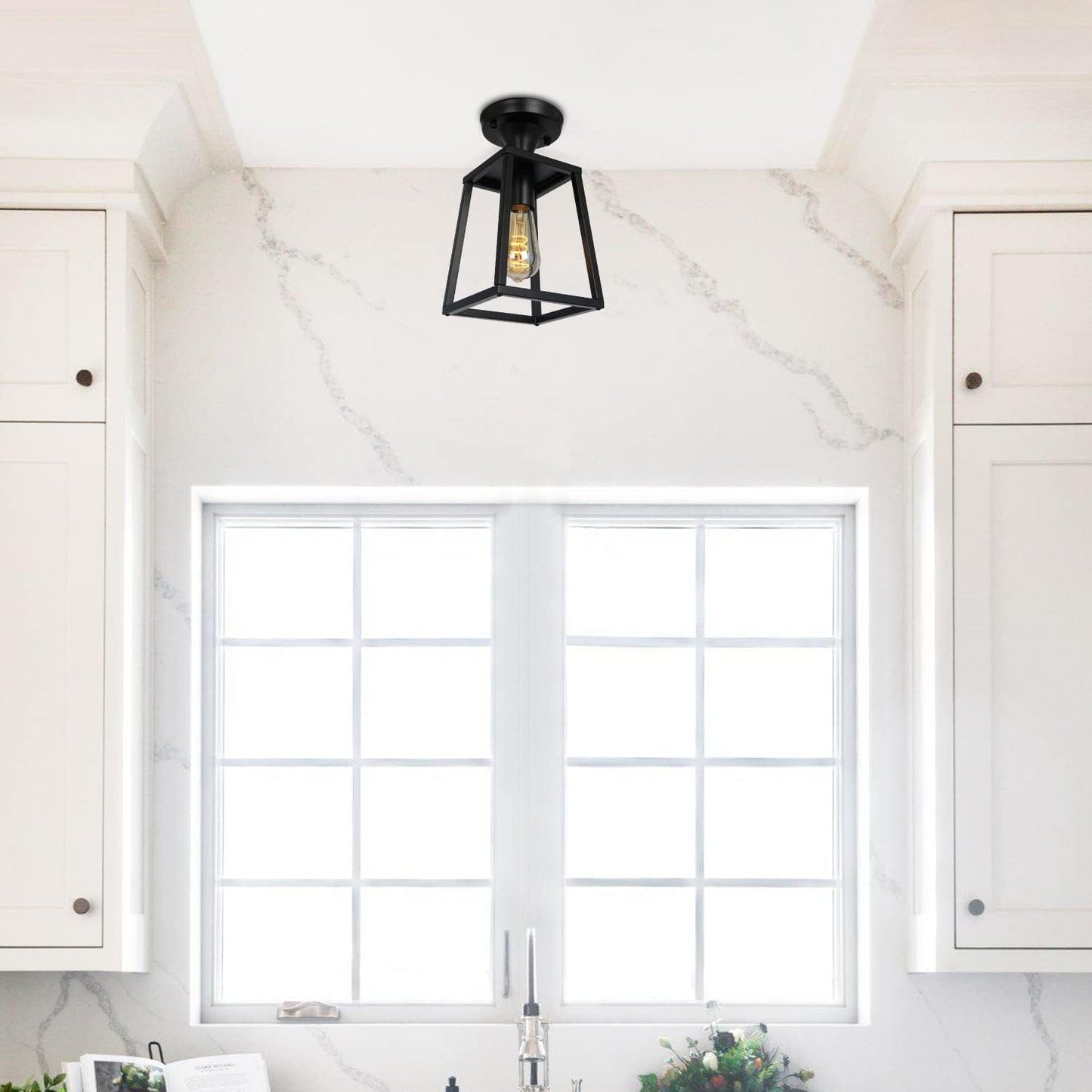 ZOSIMIO Black Industrial Semi-Flush Mount Ceiling Light, Farmhouse Ceiling Light Fixtures for Entryway Porch Hallway Stairway Garage Kitchen Island Dining Room (1 Pack)