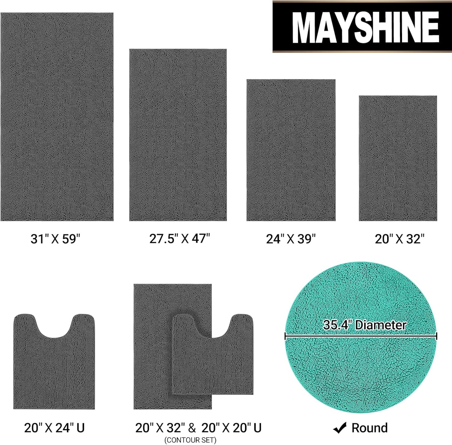 round Area Rug Set for Bathroom | Soft Plush Chenille Bath Mat, Water Absorbent Non-Slip Bathroom Rug | Washable Shag Carpet for Shower, Bedroom, or Home Décor | 36"X36" (Round) | Turquoise