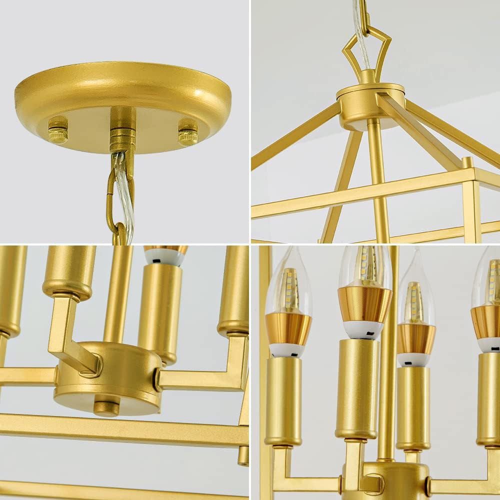 Mid-Century Lantern Chandelier, 4-Light Gold Pendant Lighting Fixtures, Geometric Hanging Light Fixture for Living Room, Dining Room, Bedroom, Kitchen, Entryway, and Hallway