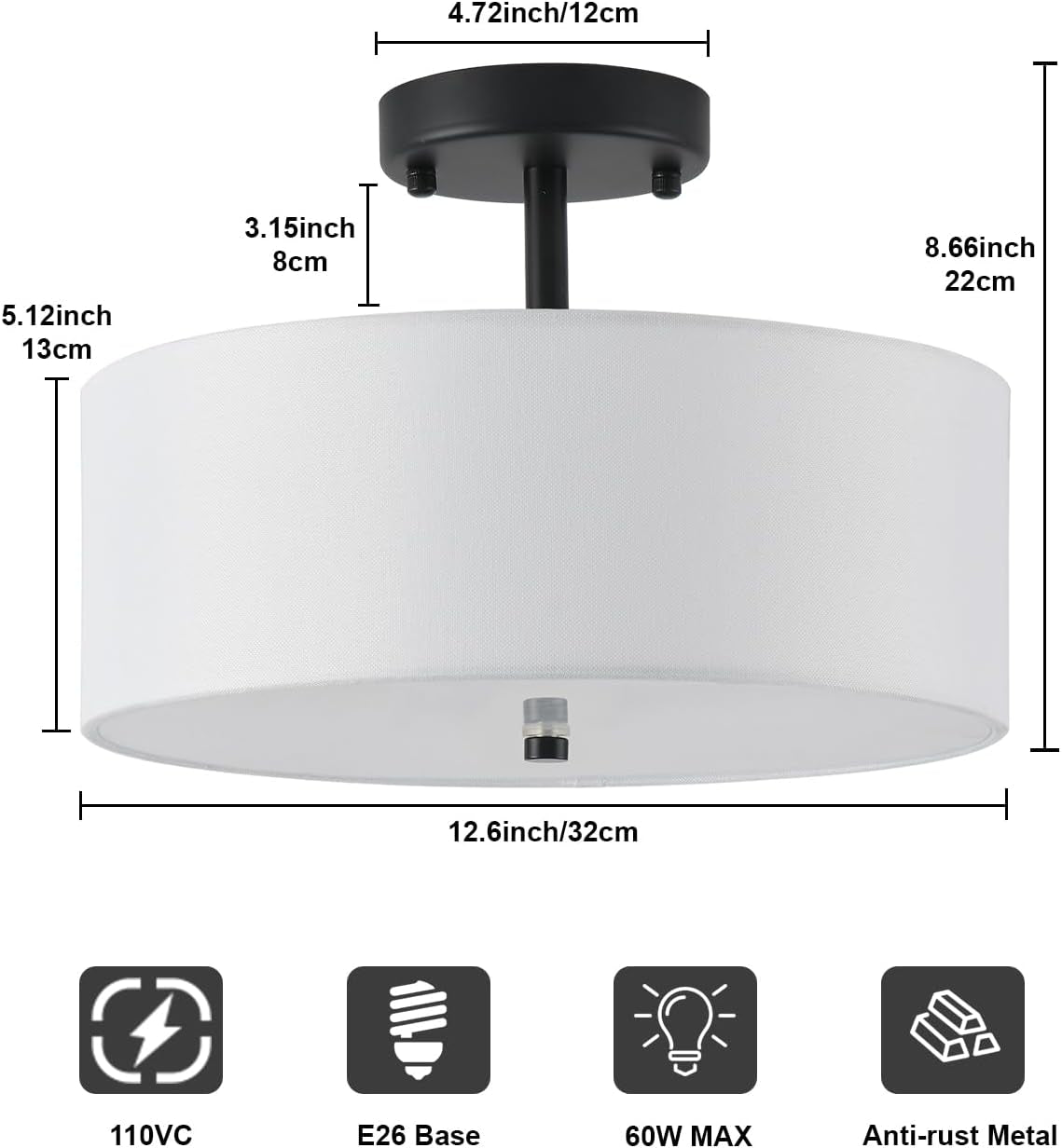 13" Semi Flush Mount Ceiling Light Fixture, 3-Light Black Drum Flush Mount Light Fixtures with White Fabric Shade, Modern Close to Ceiling Lights for Living Room Bedroom Hallway Entryway Foyer