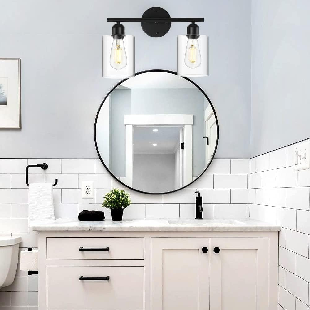 Black Vanity Light 2 Light Bathroom Light Fixtures Hallway Lights Wall Sconce Matte Black with Clear Glass Shade for Bathroom Bedroom Living Room (C-50)