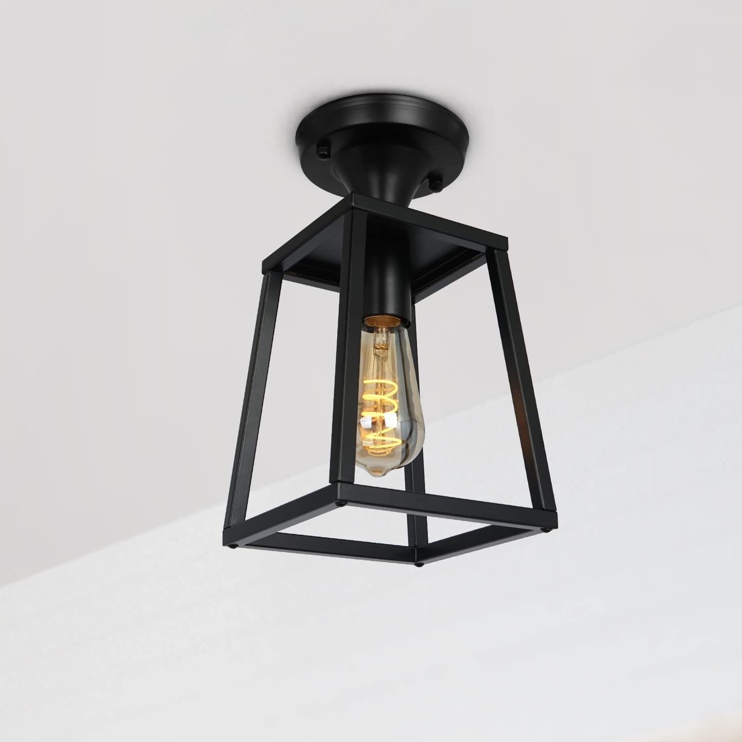 ZOSIMIO Black Industrial Semi-Flush Mount Ceiling Light, Farmhouse Ceiling Light Fixtures for Entryway Porch Hallway Stairway Garage Kitchen Island Dining Room (1 Pack)