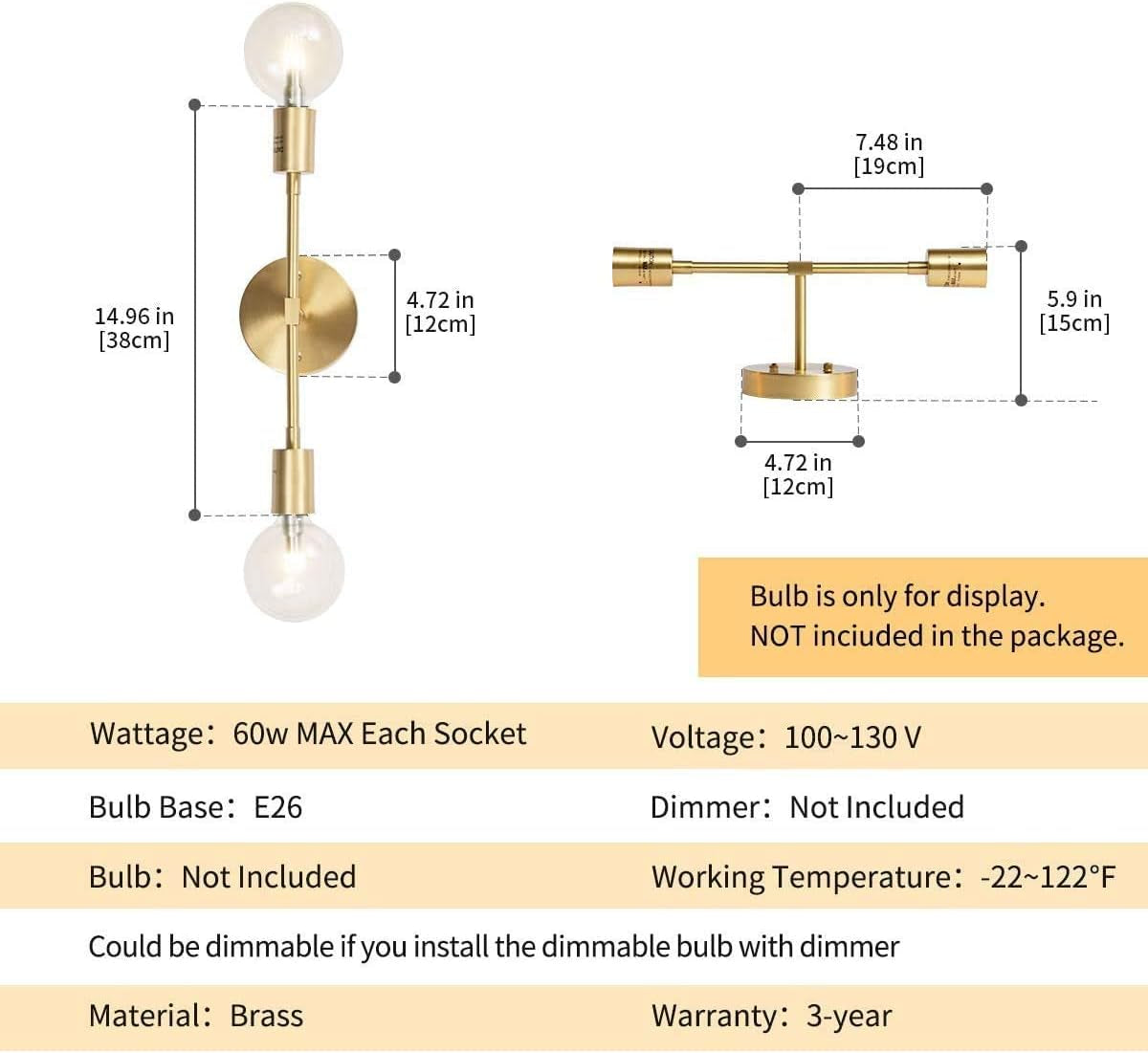 Gold Vanity Lights, 2-Light Bathroom Light Fixtures over Mirror Brass Sconce Modern Semi Flush Mount Wall Light Fixture for Toilet Bedroom Living Dining Room Restaurant Hallway Entryway