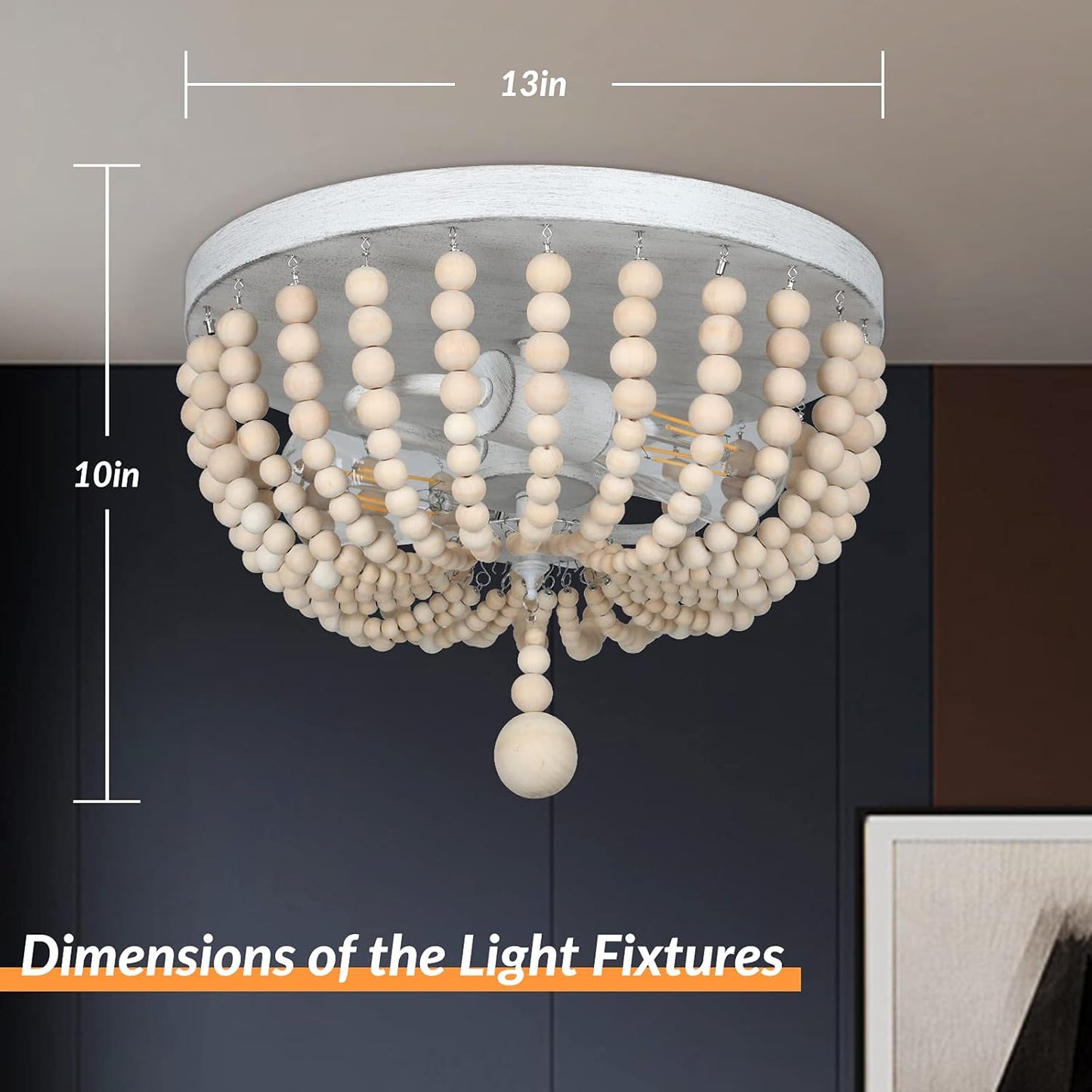 Boho Wood Bead Chandelier, Retro Ceiling Lamp, Farmhouse 2-Light Pendant Light Fixture, Semi Flush Mount Ceiling Light for Living Room Entryway Hallway Kitchen Dining Room Baby’S Nursery, Oak& White