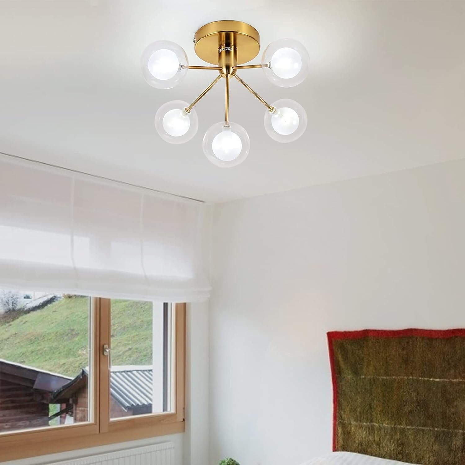 5-Lights Semi Flush Mount Ceiling Light, Modern Ceiling Mounted Gold Light Fixtures, Glass Globe Farmhouse Flush Mount Ceiling Light for Bedroom, Living Room, Dining Room, Kitchen, Hallway, Entryway