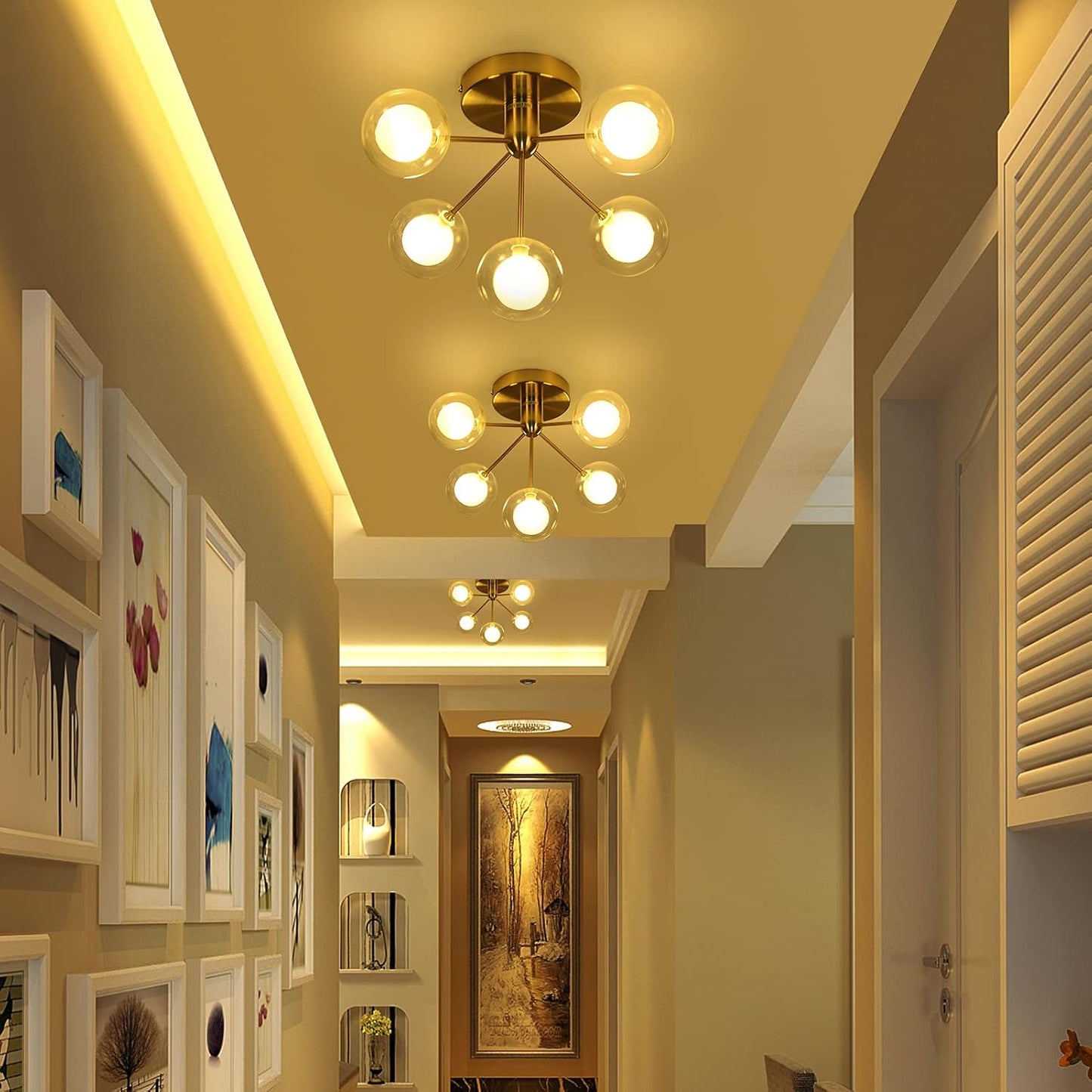 5-Lights Semi Flush Mount Ceiling Light, Modern Ceiling Mounted Gold Light Fixtures, Glass Globe Farmhouse Flush Mount Ceiling Light for Bedroom, Living Room, Dining Room, Kitchen, Hallway, Entryway