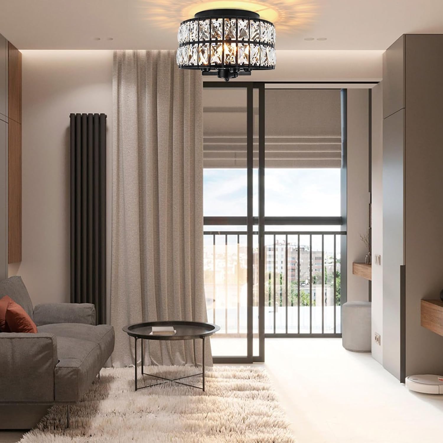 Black Flush Mount Ceiling Light, Crystal Close to Ceiling Light Fixtures, Modern Ceiling Light for Hallway Bathroom Kitchen Dining Room Entryway