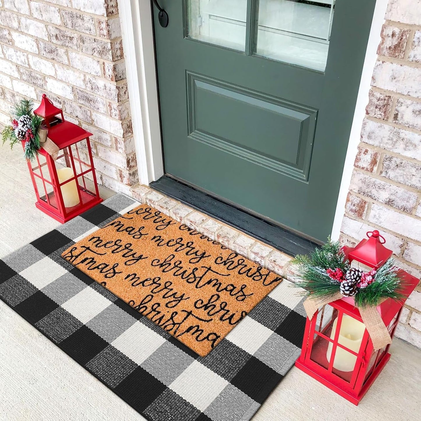 Buffalo Plaid Front Porch Rug, Small Black White 2X3 Outdoor Door Mat, Washable Woven Checkered Entryway Rugs, Welcome Layered Doormats for Farmhouse Kitchen/Bathroom/Patio