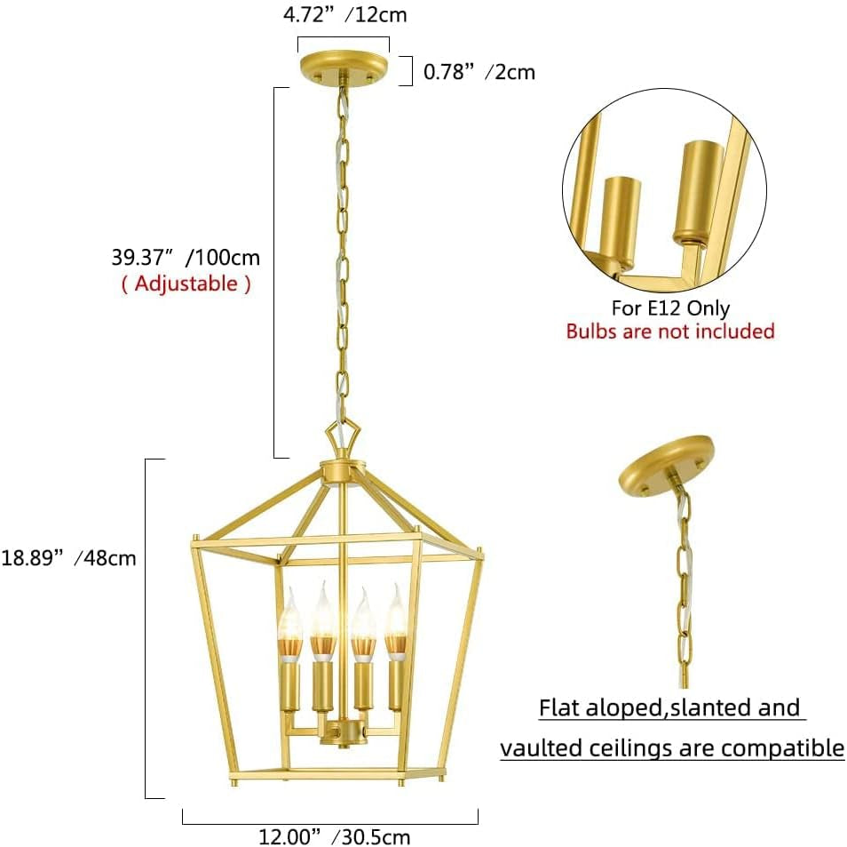Mid-Century Lantern Chandelier, 4-Light Gold Pendant Lighting Fixtures, Geometric Hanging Light Fixture for Living Room, Dining Room, Bedroom, Kitchen, Entryway, and Hallway