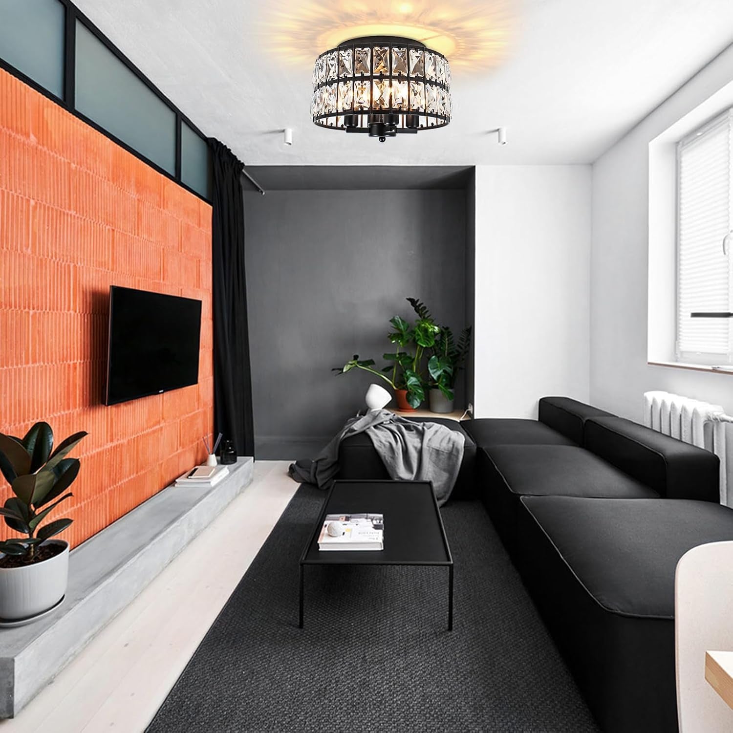 Black Flush Mount Ceiling Light, Crystal Close to Ceiling Light Fixtures, Modern Ceiling Light for Hallway Bathroom Kitchen Dining Room Entryway