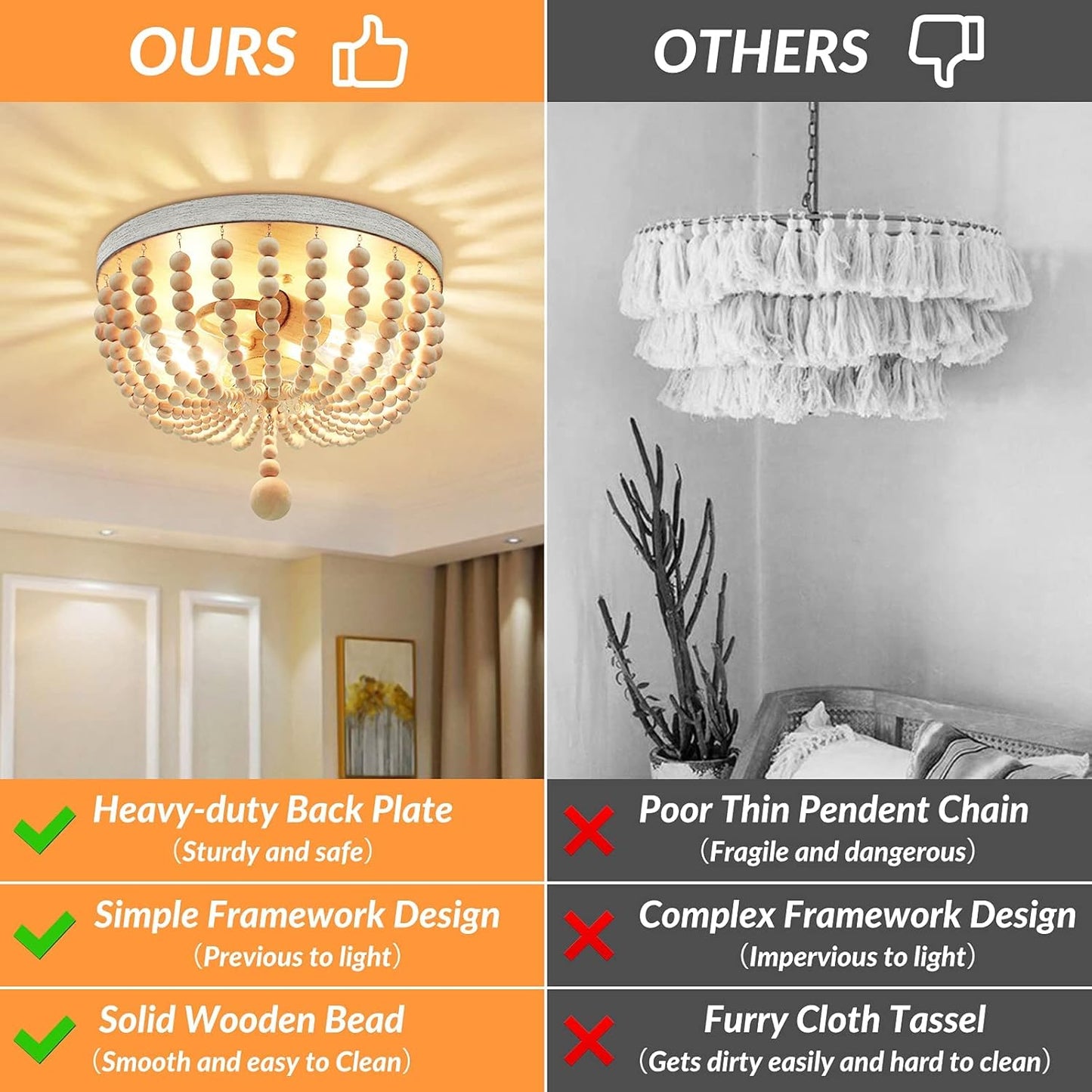 Boho Wood Bead Chandelier, Retro Ceiling Lamp, Farmhouse 2-Light Pendant Light Fixture, Semi Flush Mount Ceiling Light for Living Room Entryway Hallway Kitchen Dining Room Baby’S Nursery, Oak& White