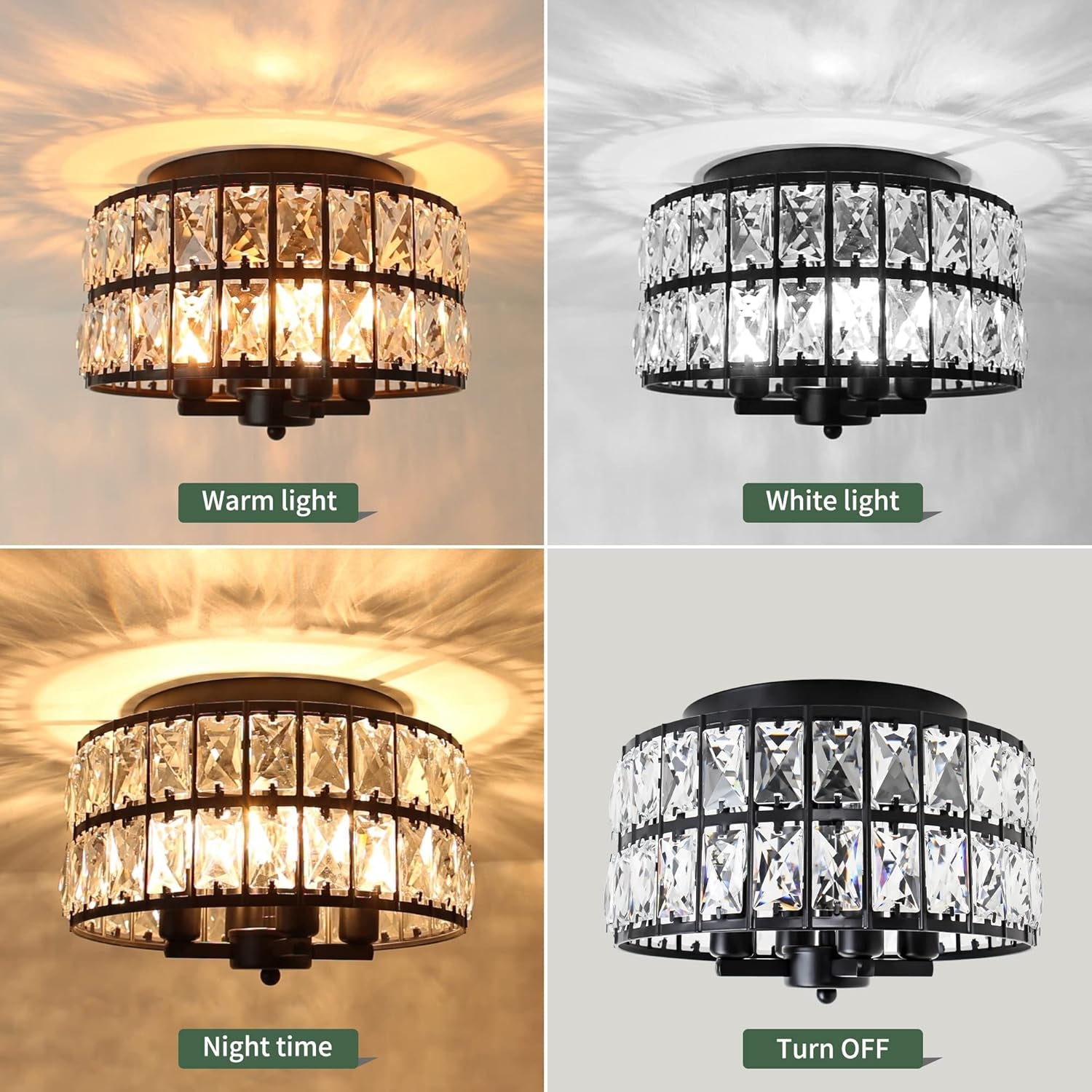 Black Flush Mount Ceiling Light, Crystal Close to Ceiling Light Fixtures, Modern Ceiling Light for Hallway Bathroom Kitchen Dining Room Entryway