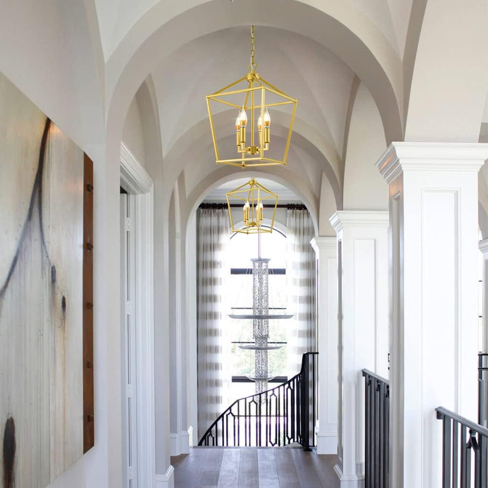 Mid-Century Lantern Chandelier, 4-Light Gold Pendant Lighting Fixtures, Geometric Hanging Light Fixture for Living Room, Dining Room, Bedroom, Kitchen, Entryway, and Hallway