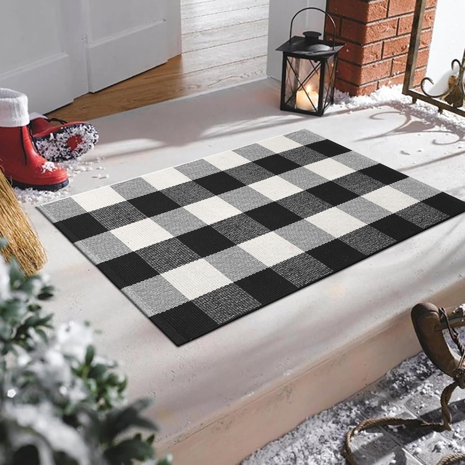 Buffalo Plaid Front Porch Rug, Small Black White 2X3 Outdoor Door Mat, Washable Woven Checkered Entryway Rugs, Welcome Layered Doormats for Farmhouse Kitchen/Bathroom/Patio