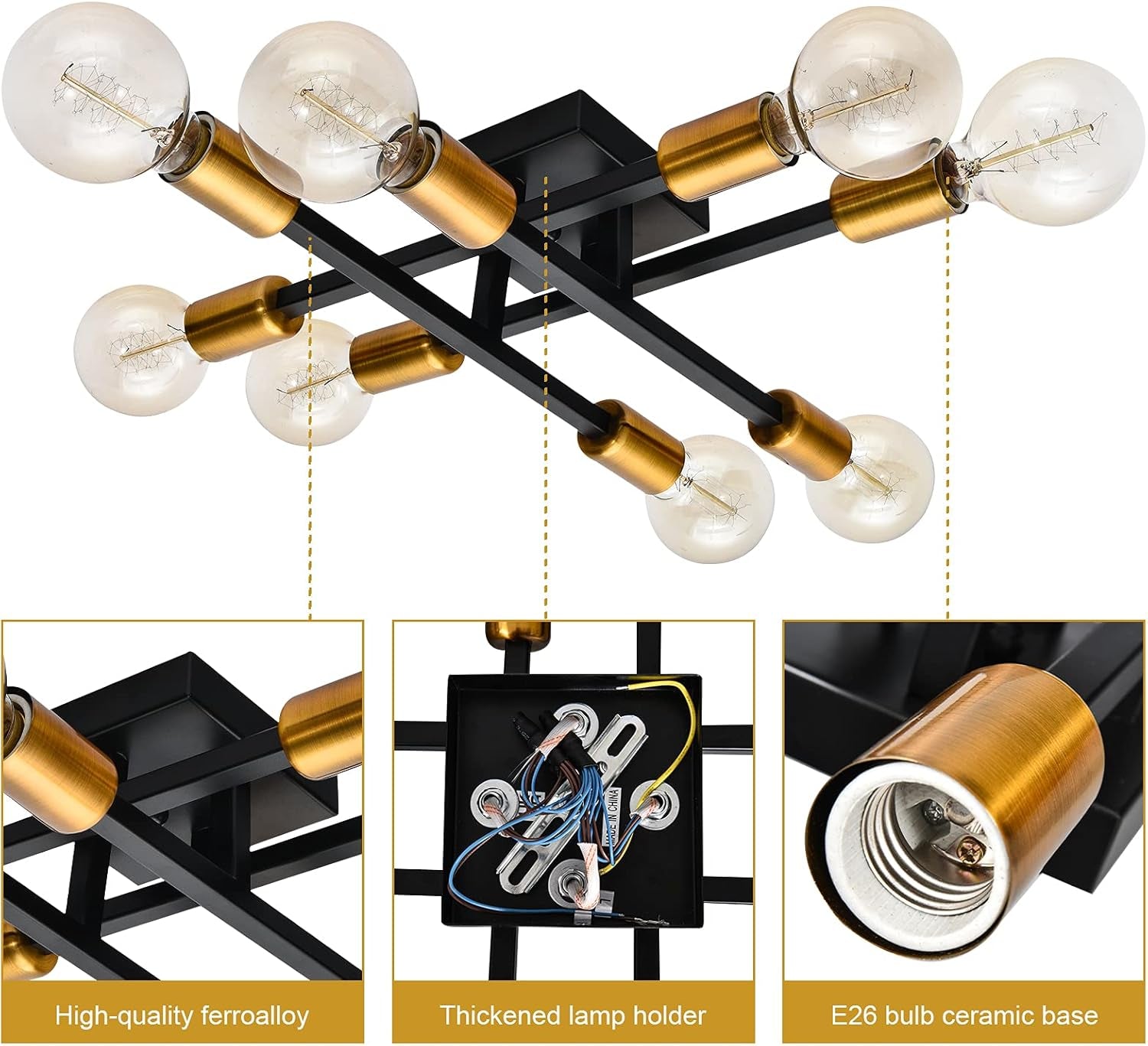 Semi Flush Mount Ceiling Light Fixture, 8 Light Vintage Sputnik Chandelier, Modern Ceiling Lamp for Kitchen Bedroom Living Room Bathroom Dining Room Hallway Farmhouse