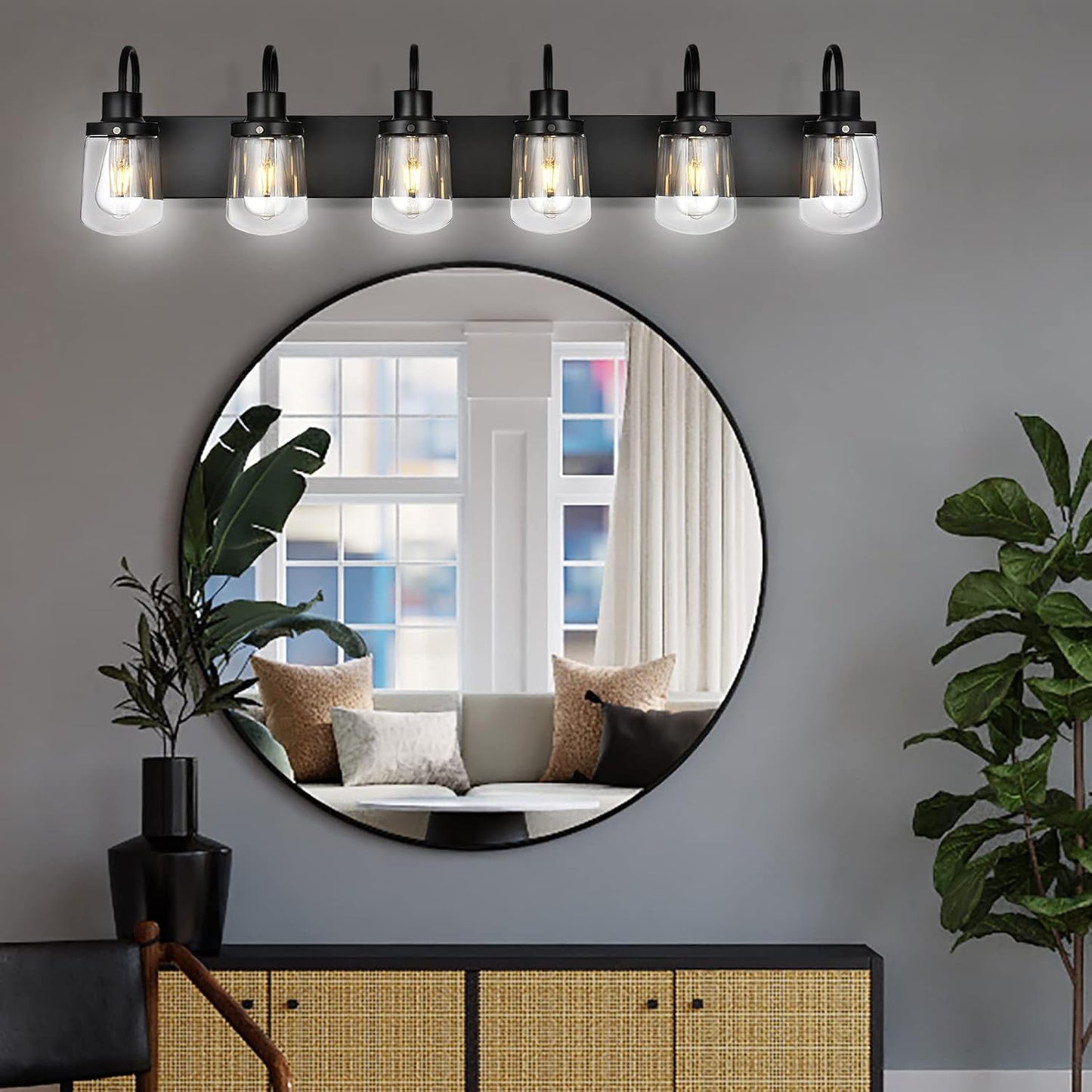 Bathroom Vanity Light Fixtures, 6 Light Black Bathroom Lights Fixtures over Mirror with Clear Glass Shades, Modern Wall Sconces Vanity Lighting Fixture for Bedroom Hallway Kitchen Living Room