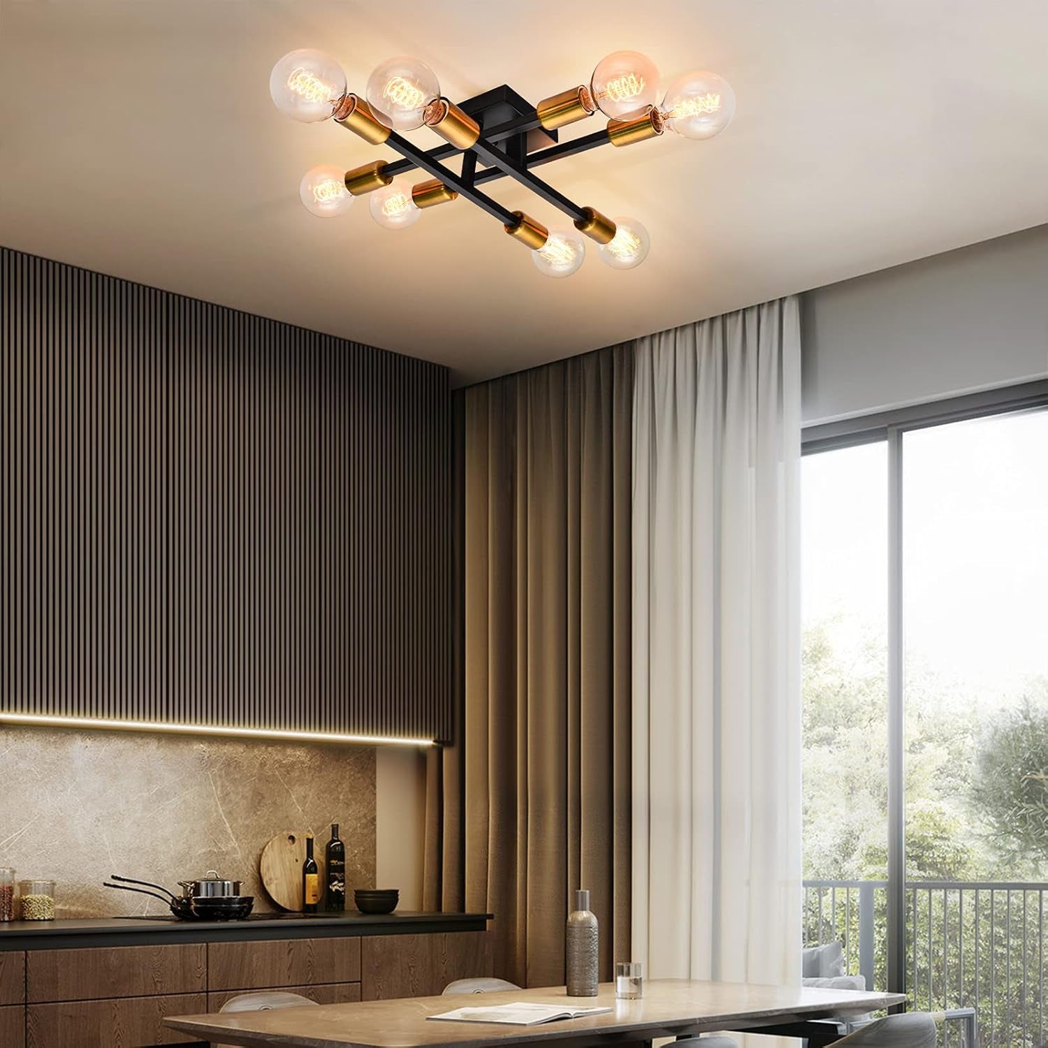 Semi Flush Mount Ceiling Light Fixture, 8 Light Vintage Sputnik Chandelier, Modern Ceiling Lamp for Kitchen Bedroom Living Room Bathroom Dining Room Hallway Farmhouse