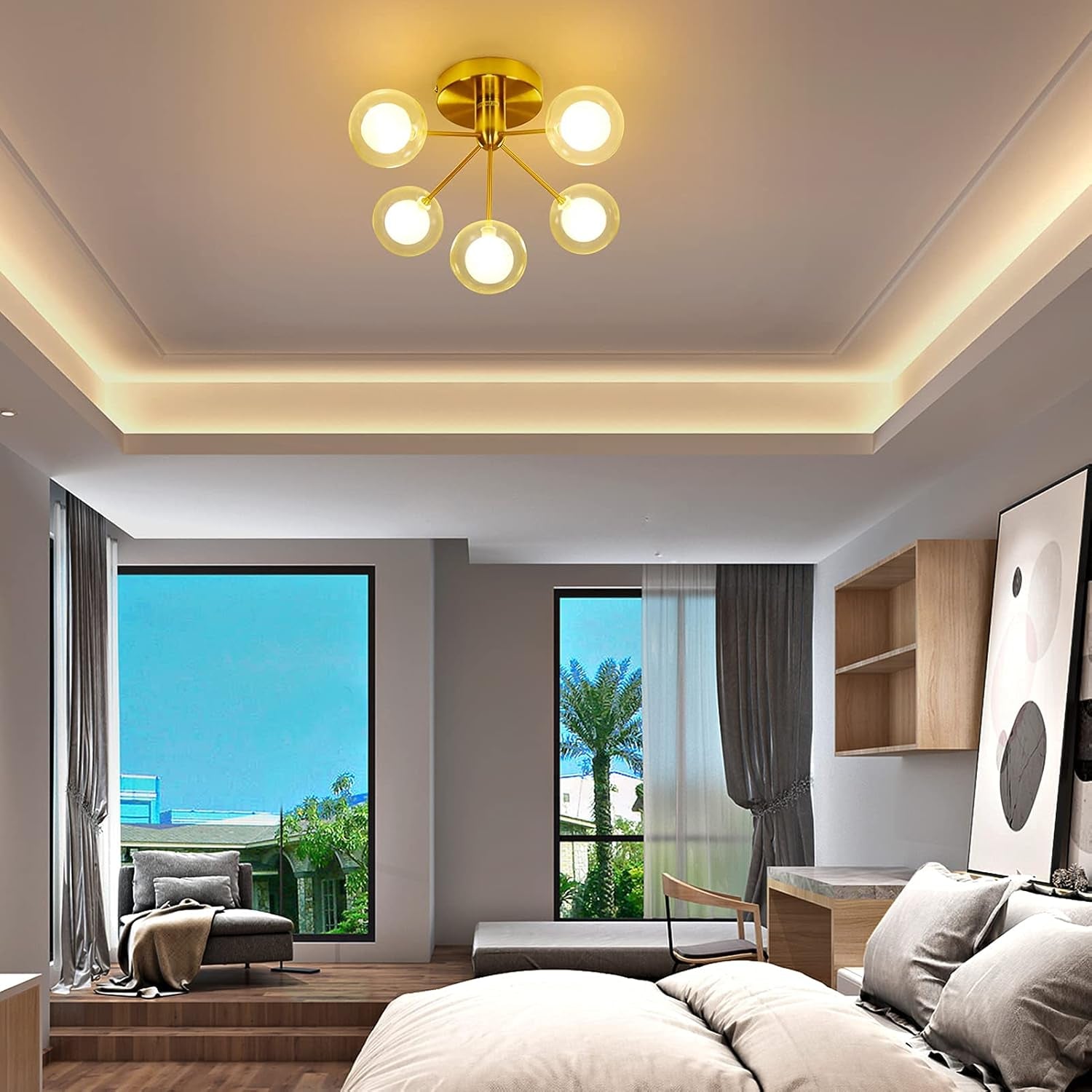 5-Lights Semi Flush Mount Ceiling Light, Modern Ceiling Mounted Gold Light Fixtures, Glass Globe Farmhouse Flush Mount Ceiling Light for Bedroom, Living Room, Dining Room, Kitchen, Hallway, Entryway