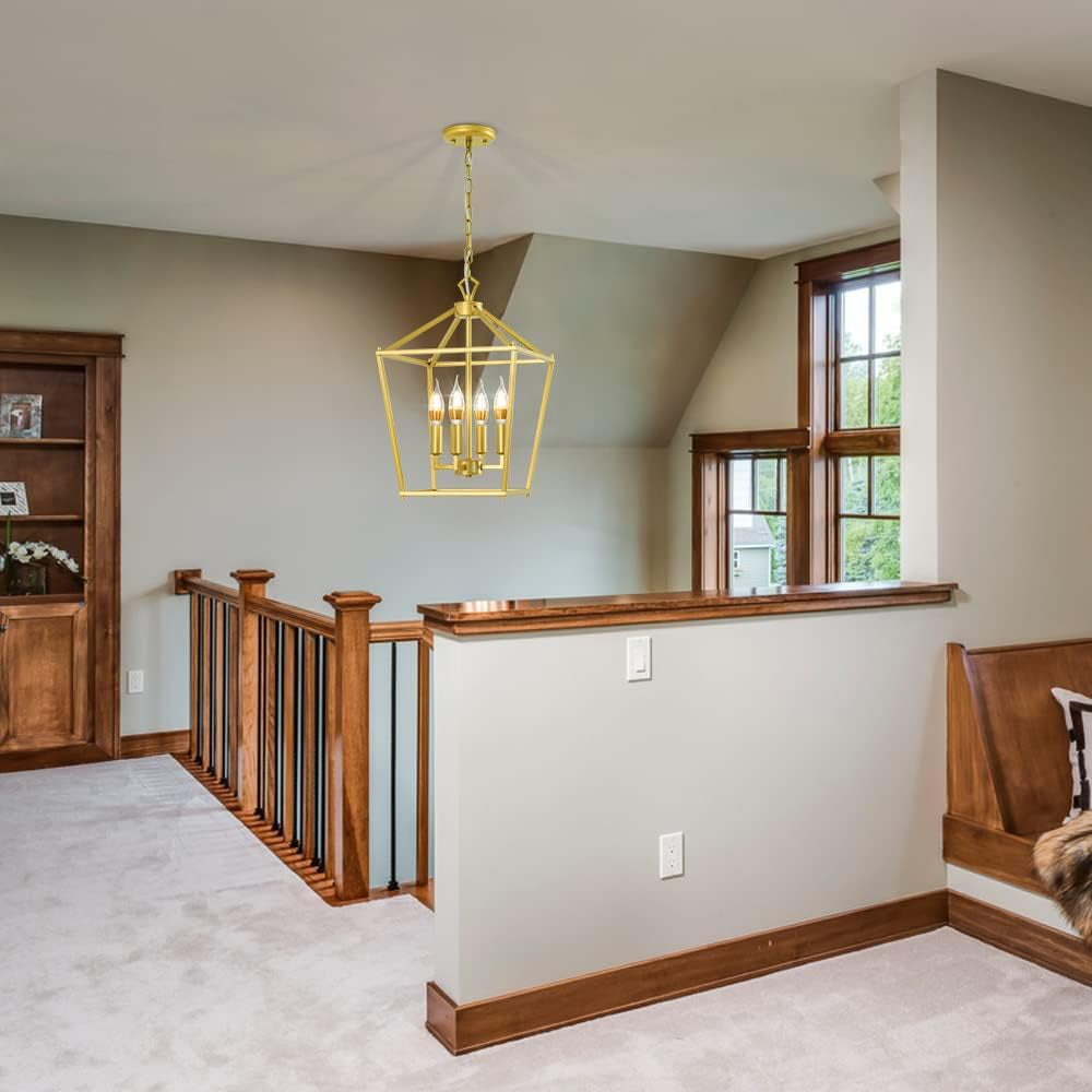 Mid-Century Lantern Chandelier, 4-Light Gold Pendant Lighting Fixtures, Geometric Hanging Light Fixture for Living Room, Dining Room, Bedroom, Kitchen, Entryway, and Hallway