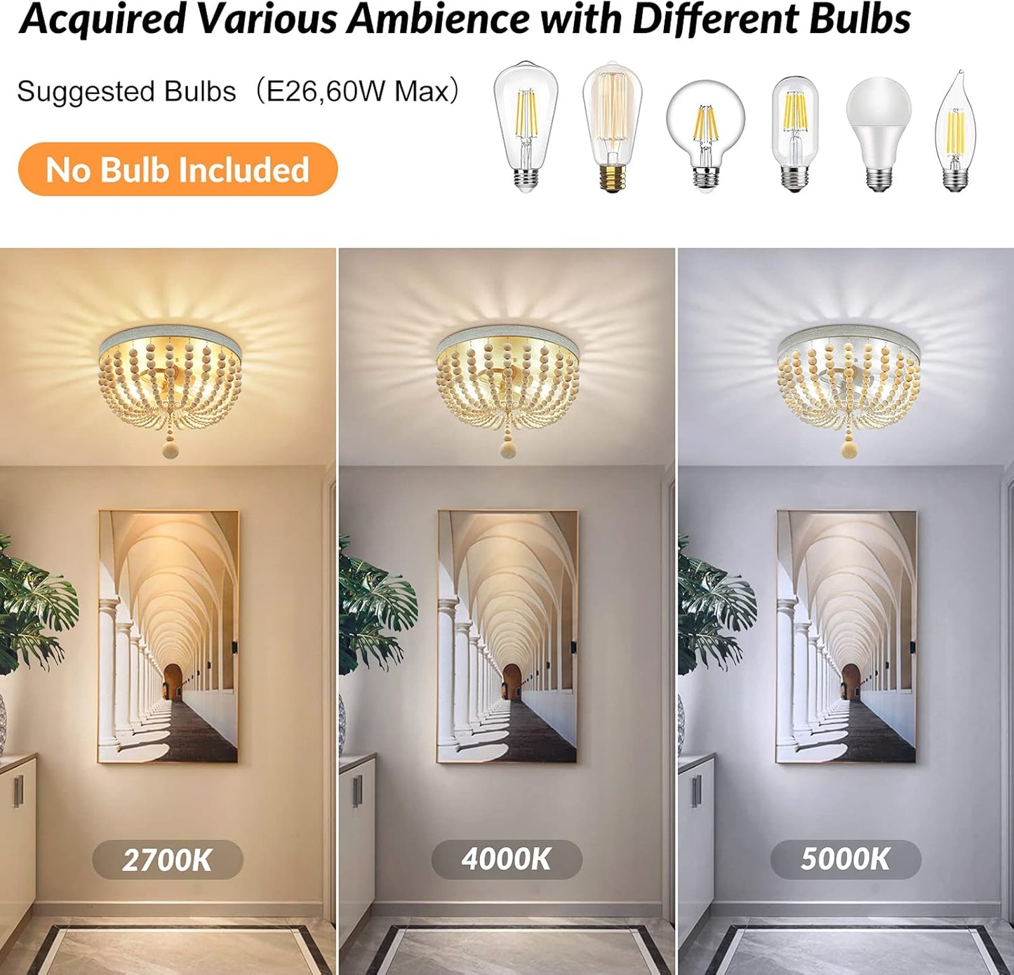 Boho Wood Bead Chandelier, Retro Ceiling Lamp, Farmhouse 2-Light Pendant Light Fixture, Semi Flush Mount Ceiling Light for Living Room Entryway Hallway Kitchen Dining Room Baby’S Nursery, Oak& White